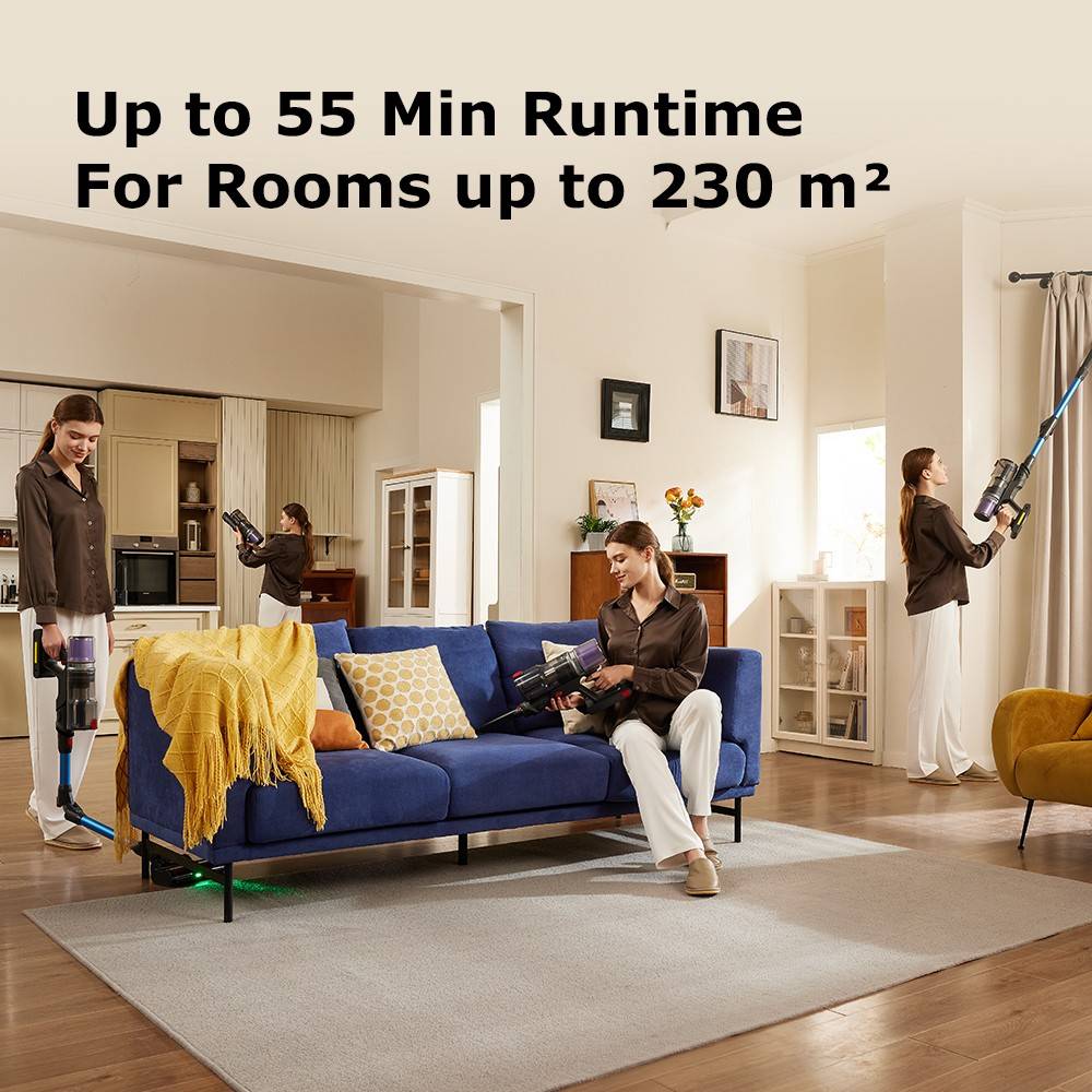 Proscenic P16 Flexible Battery Vacuum Cleaner, 550 W/45 Kpa, 55 Mins Vacuum Cleaner, Wireless with Touchscreen Folding Tube, Green Light, Wall-Mounted Charging Station, Anti-Tangle for Carpet, Hard