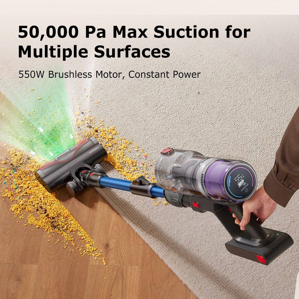 Proscenic P16 Flexible Battery Vacuum Cleaner, 550 W/45 Kpa, 55 Mins Vacuum Cleaner, Wireless with Touchscreen Folding Tube, Green Light, Wall-Mounted Charging Station, Anti-Tangle for Carpet, Hard