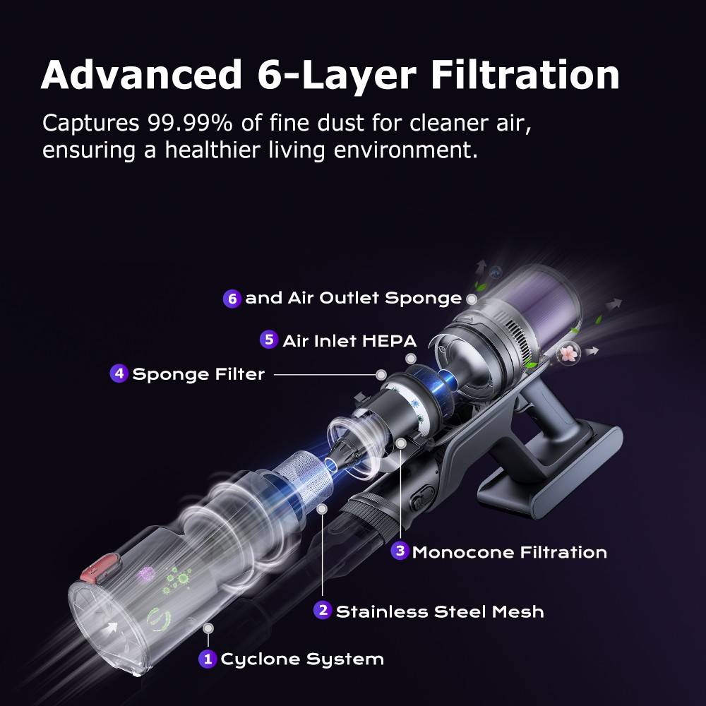 Proscenic P16 Flexible Battery Vacuum Cleaner, 550 W/45 Kpa, 55 Mins Vacuum Cleaner, Wireless with Touchscreen Folding Tube, Green Light, Wall-Mounted Charging Station, Anti-Tangle for Carpet, Hard