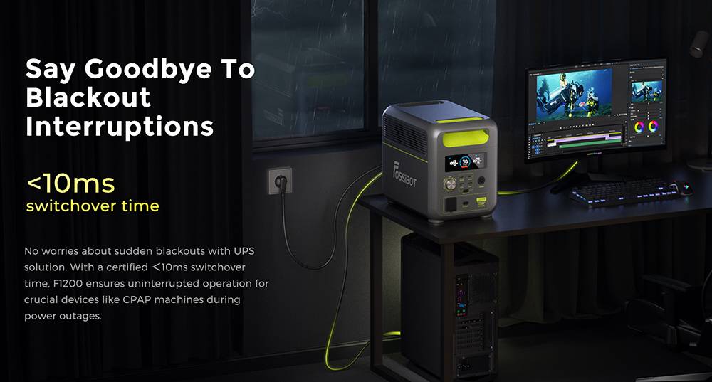 FOSSiBOT F1200 Portable Power Station, 1024Wh Capacity, 1200W Rated Power, 3 LED Light Modes, 7 Output Ports, BMS Protection, <10ms Switchover, 5 Gears Input Regulator, EV-Grade LiFePO4 Battery, 4000+ Cycle Times