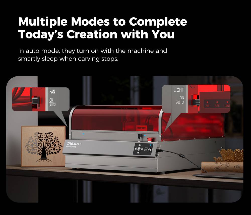 Creality Falcon2 Pro 40W Laser Engraver Cutter, FDA Class1 Safety Certification, Smoke Exhaust, Integrated Air Assist, Built-in Camera, Fence Type Protection Strip, Fire / Airflow / Lens Monitoring, 400*415mm