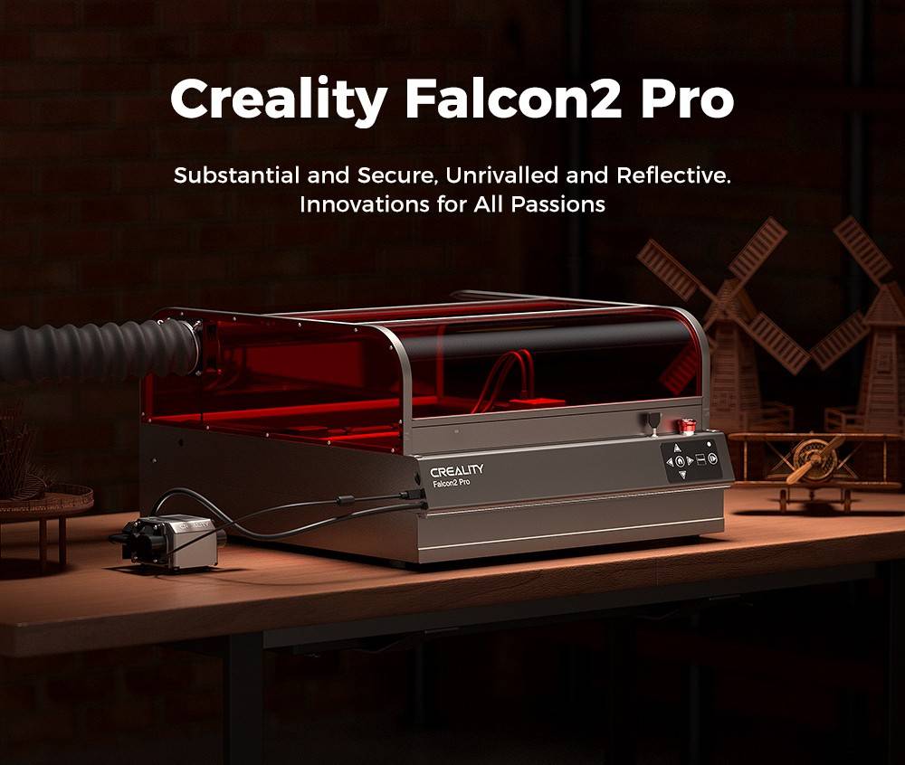 Creality Falcon2 Pro 40W Laser Engraver Cutter, FDA Class1 Safety Certification, Smoke Exhaust, Integrated Air Assist, Built-in Camera, Fence Type Protection Strip, Fire / Airflow / Lens Monitoring, 400*415mm