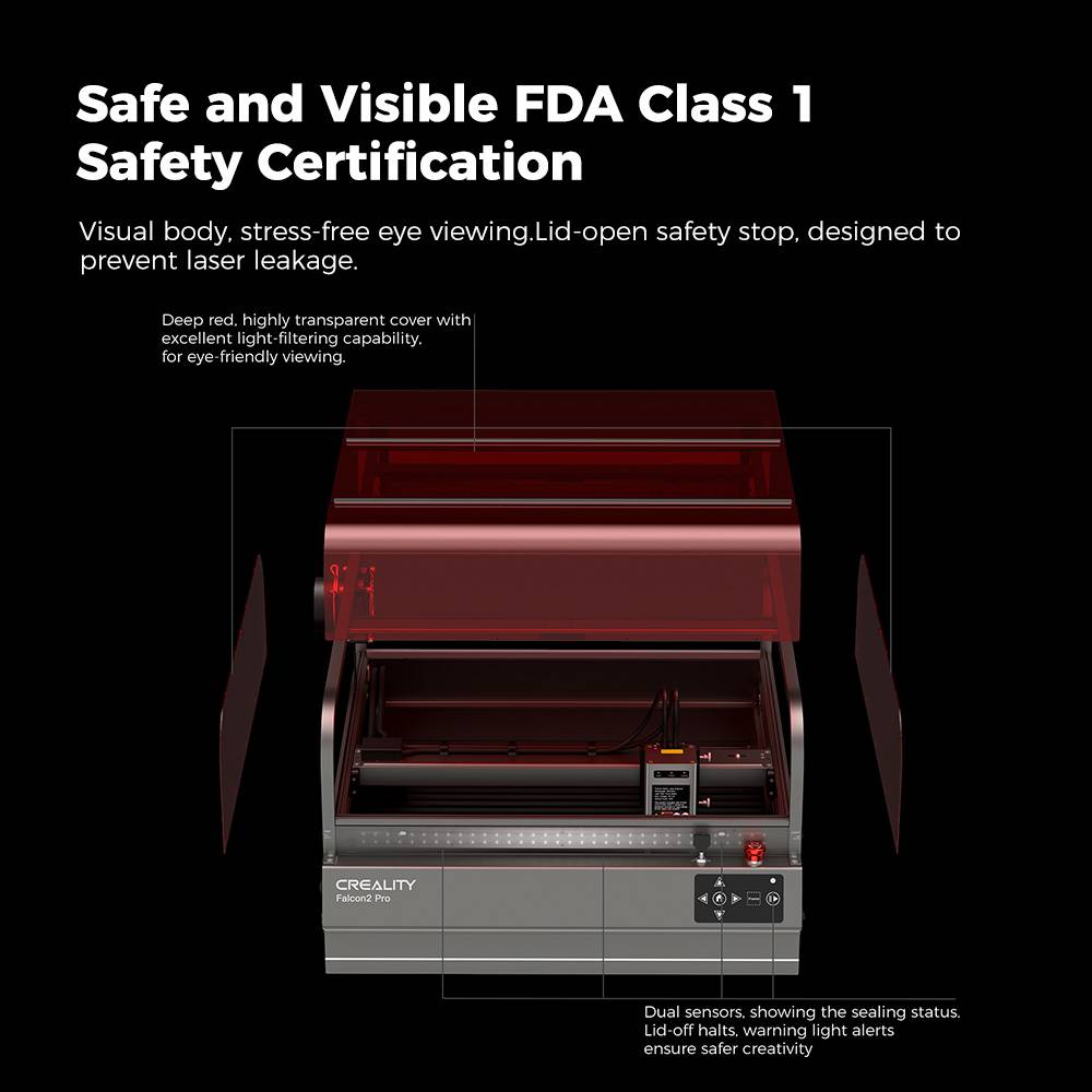 Creality Falcon2 Pro 40W Laser Engraver Cutter, FDA Class1 Safety Certification, Smoke Exhaust, Integrated Air Assist, Built-in Camera, Fence Type Protection Strip, Fire / Airflow / Lens Monitoring, 400*415mm
