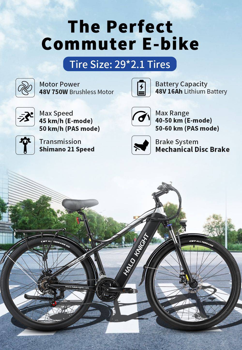 Halo Knight H02 Electric Bike, 750W Brushless Motor, 48V 16Ah Battery, 29*2.1-inch Tires, 50km/h Max Speed, 60km Max Range, Shimano 21 Speed, Mechanical Disc Brake - Black
