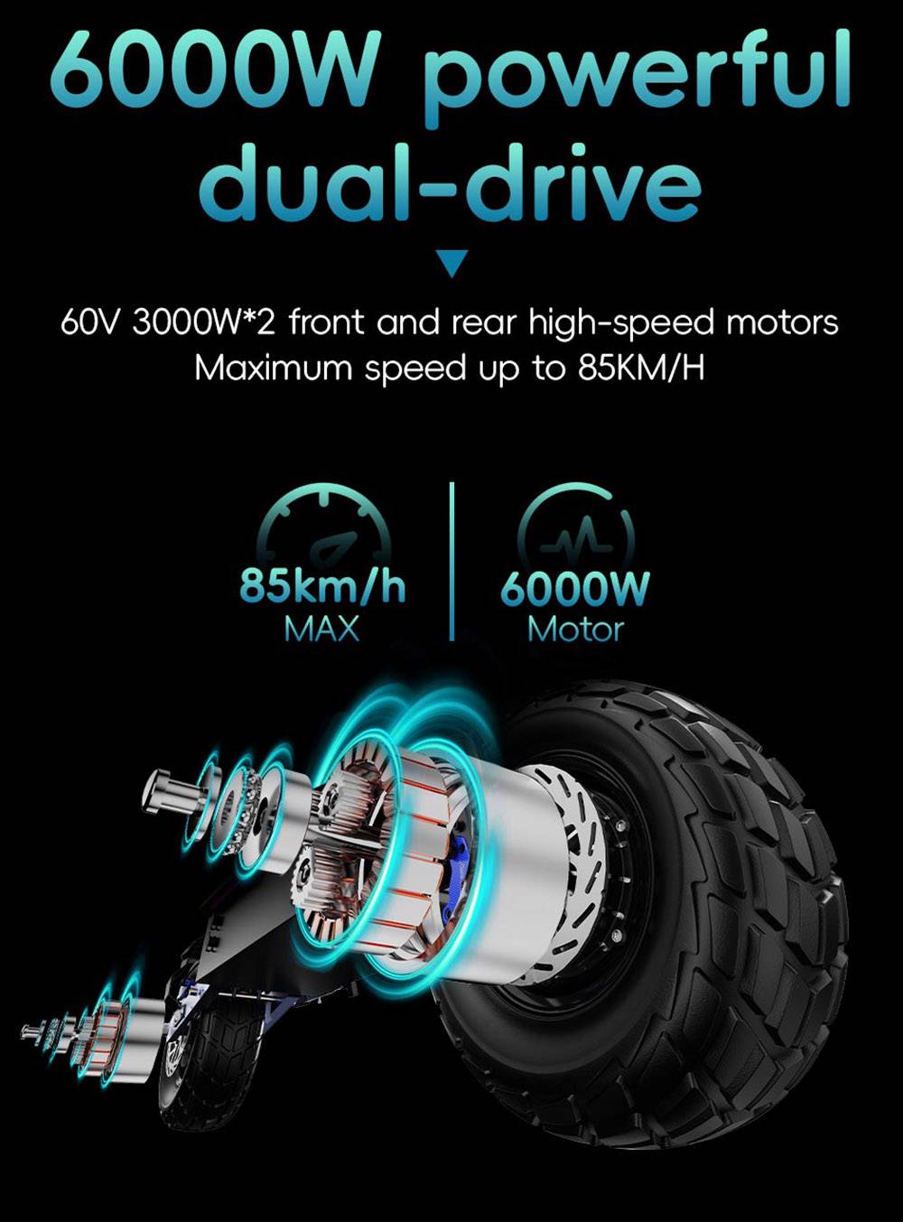 OOTD D99 Off-Road Electric Scooter 13 Inch Tires 3000W*2 Dual Motors 85Km/h Max Speed 60V 40Ah Battery Max 120KM Range 150KG Max Load Dual Shock Absorption with Turn Signal Lights Front & Rear Hydraulic Brake Oil Brake APP - Black