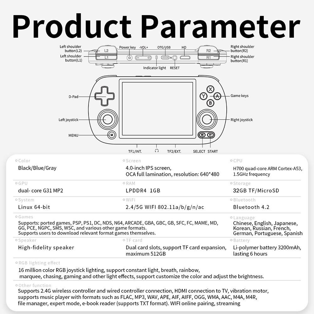 ANBERNIC RG40XX H Retro Game Console with RGB Light, 32GB+256GB TF Card with 16000+ Games, LPDDR4 1GB, 640*480P IPS Screen, 3200mAh Battery for 6 Hours Autonomy, Linux OS, 5G Wifi Bluetooth, Moonlight Streaming - Blue