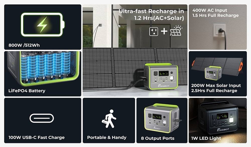 FOSSiBOT F800 Portable Power Station, 512Wh LiFePO4 Solar Generator, 800W AC Output, 200W Max Solar Input, 8 Outlets, LED Light - Black