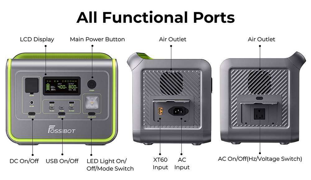 FOSSiBOT F800 Portable Power Station, 512Wh LiFePO4 Solar Generator, 800W AC Output, 200W Max Solar Input, 8 Outlets, LED Light - Black