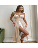 New evening gown split halter dress fake two haute couture satin dresses bridesmaid dresses