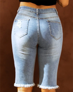 Distressed Denim Bermuda Shorts with Mid-Rise Ripped Patches