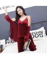 Gold velvet pajamas women's autumn and winter new long-sleeved suspenders nightgown three-piece set outerwear large size net red sexy home clothes