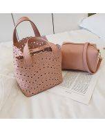 2 PCS Women Hollow Out PU Leather Bucket Bag Solid Crossbody Bag