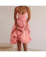 2023 new Europe and the United States women's pure color V-neck pleated waisted swing sexy halter dresses