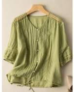Pure Color V Neck 3/4 Sleeve Casual Linen Top