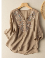 Embroidered V Neck 3/4 Sleeve Casual Linen Top
