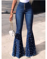 Fashion Plain Pearl Decor High Waist Flare Leg Denim Pants