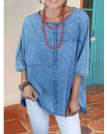 Casual Plain Half Sleeve Spliced Denim Loose Shirt