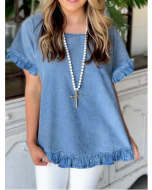 UR Casual Plain Crew Neck Short Sleeve Ruffle Hem Shirt
