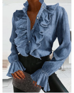 Elegant Plain Ruffled Pressed Pleated Long Flared Sleeve Shirt