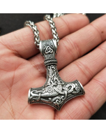 Thor's Hammer Pendant Viking Amulet Hammer Necklace (Silver Metal Chain)