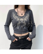 Autumn Retro Long-Sleeved Top: Hot Diamond Print for Women