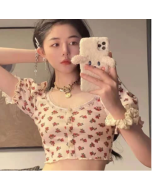 American Retro Floral Waffle Short T-shirt with Trendy Collar