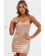 Beige Mini Dress Strapless Corset Detail Satin