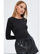 Fleece-Lined Long Sleeve Crew Neck Top in Black