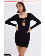 Black Dress Long Sleeve Cut Out Details Bodycon Rib