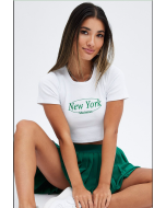 New York White Tee Crop with Short Sleeves and Embroidery