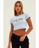 Crop Round Neck Short Sleeve Blue Baby Tee