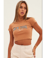 Crop Round Neck Baby Tee in Brown, Short Sleeve