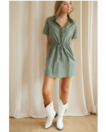 Green Shirt Dress Pocket Short Sleeve Button Front
