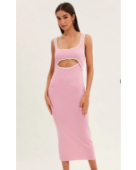 Pink Knit Dress Midi Sleeveless Contrast Binding