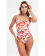 Red Tie Back One Piece Swimsuit with Floral Pattern