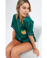 Satin Pyjama Set with Green Color and Button Detail.