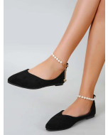 Pointed Toe Ballet Flats with Beaded Faux Pearl Design