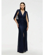 Sequin Formal Dress with Split Thigh and Cloak Sleeve