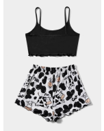 Cute Cow Print Cami PJ Set with Lettuce Trim