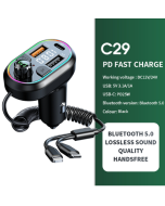 Car Bluetooth 5.0 FM Transmitter Wireless Audio Receiver Car MP3 Player 25W PD Fast Charge With Apple Type-C Port Charging Cable