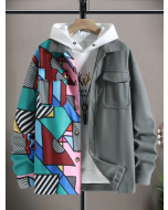 1-Piece Men's Patchwork Print Overcoat with Pocket, No Hood