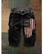 Men's Vintage American Flag Print Casual Cargo Shorts