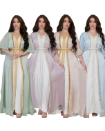 Muslim Women's Diamond Light Luxury Dress abaya Set Bright Silk Satin Three Piece Dress
