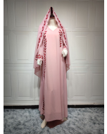 AB216 Middle East fashion street summer chiffon long Muslim embroidered pink round neck dress with hijab
