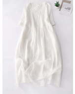 Elegant pleated loose cotton linen dress