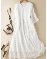 Women's Literary Retro V-neck Solid Color Mid-sleeved Dress