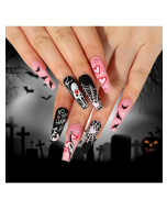 24pcs/set Halloween Themed False Nails With Heart, Spiderweb, Bat, Ghost Patterns