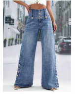 Fashion Plain High Waist Button Wide Leg Long Pants
