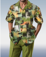 Green Checked Two-Piece Short Sleeve Suit for Walking - 009