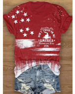 Women's Independence Day American Flag Print Crew Neck T-Shirt